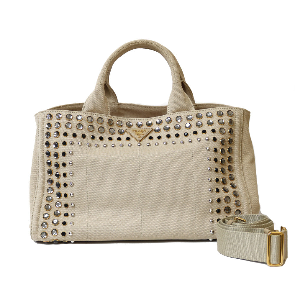 Prada Canapa Beige PRADA Canapa Canvas 2Way Tote Hand Bag Shoulder