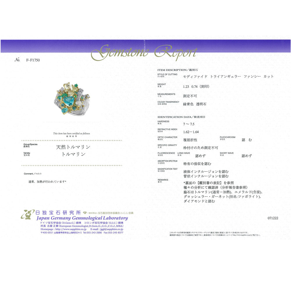 福原佐智】鑑別書付き リング・指輪 15.5号 Pt900プラチナ パライバ