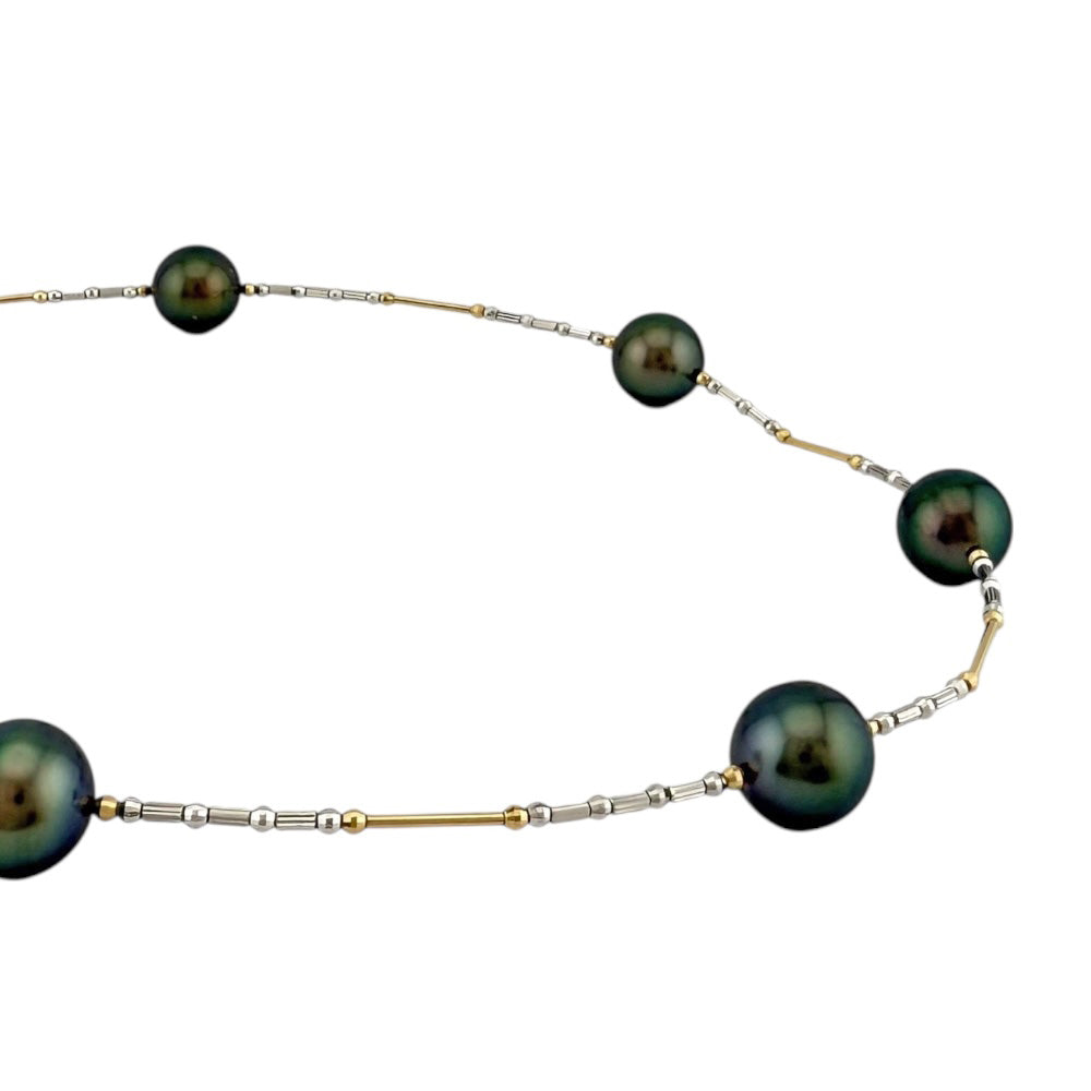 K18WG ネックレス 黒と銀のビーズ K18WG ホワイトゴールド ネックレスチェーン 黒石 一連 ボタンカット