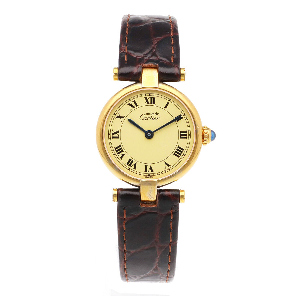 カルティエ CARTIER マストヴァンドーム ヴェルメイユ 590003 腕時計 シルバー925 GP レザー クォーツ レディース 中古 ラッピング可 大幅値下げ！Cartierカルティエ／マストヴァンドームヴェルメイユ