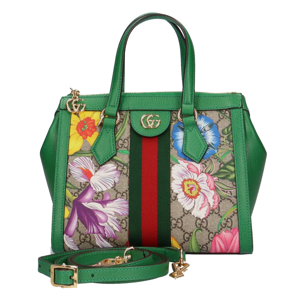 グッチ GUCCI フローラ GGスプリーム ショルダーバッグ レザー グリーン レディース 中古