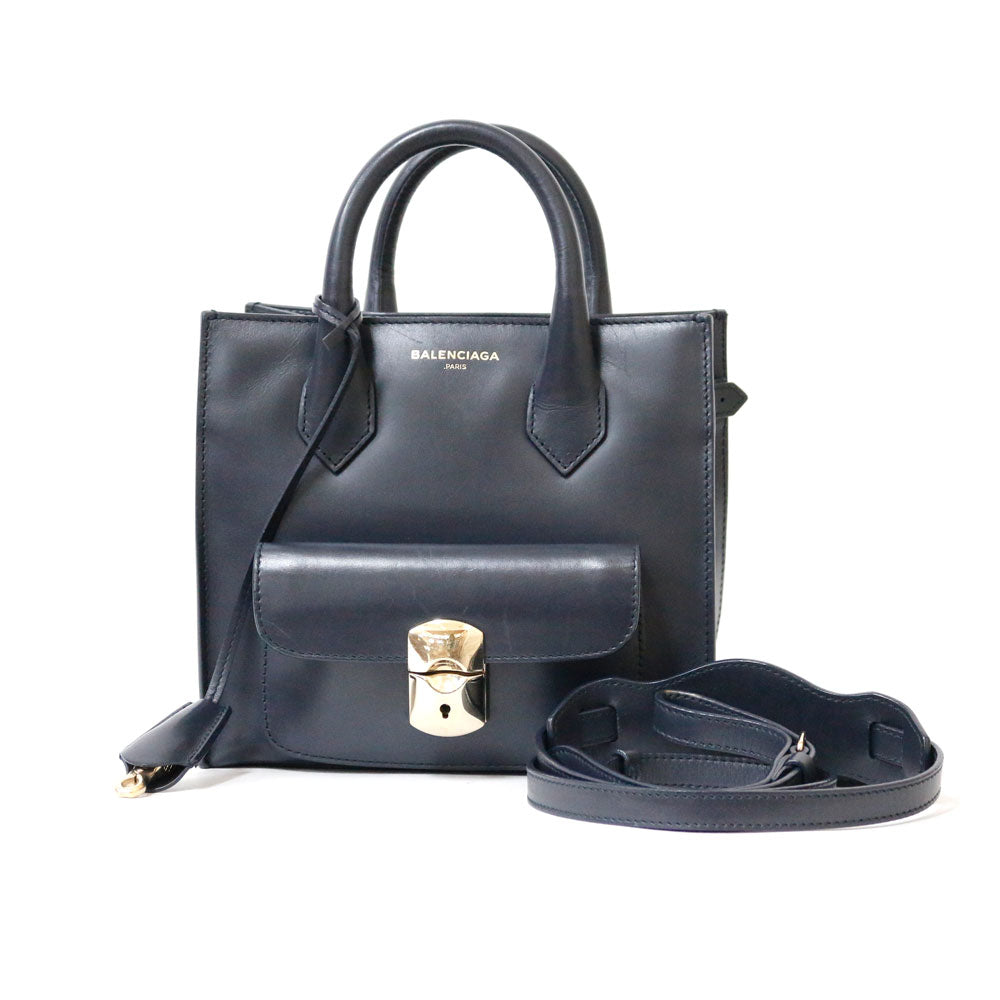 BALENCIAGA Padlock All Afternoon Handbag Leather Navy Women s Used