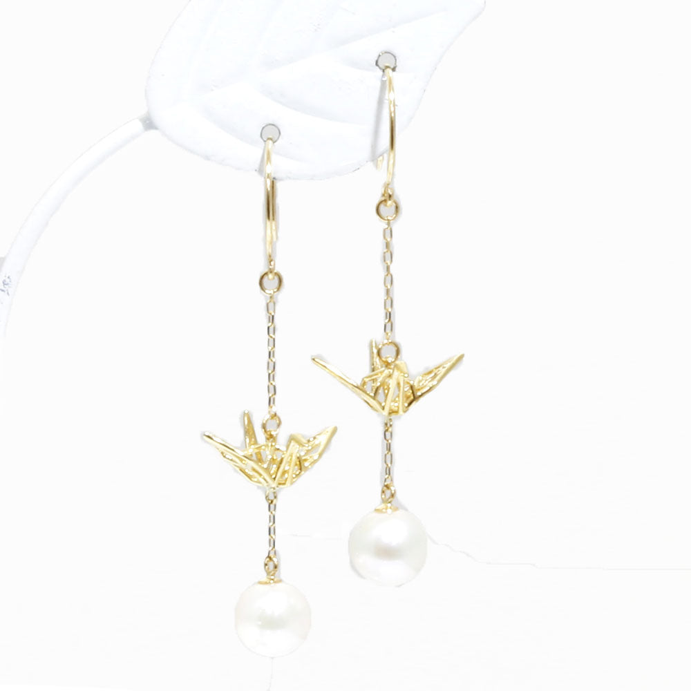 新品】 ノーブランド no brand K18 ピアス アコヤパール：2珠 折り鶴