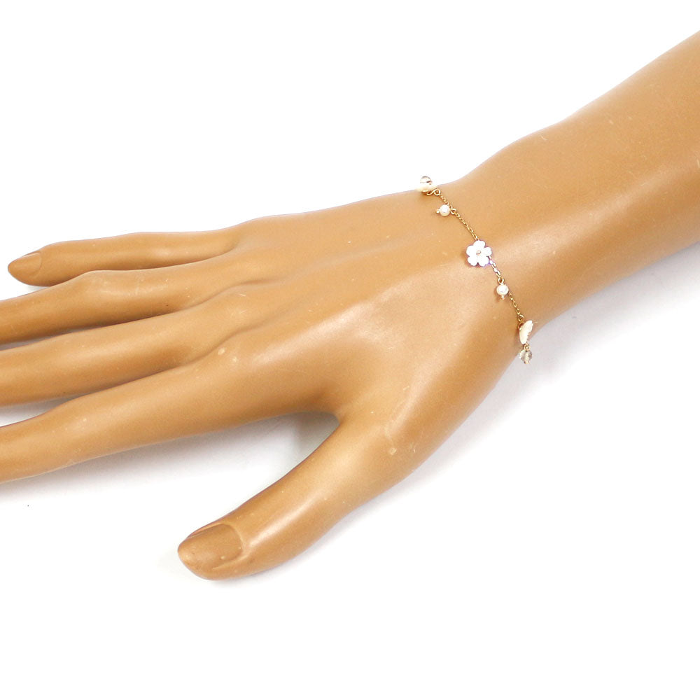 New] K10 Bracelet, White Pearl, Quartz, Flower, 10K Gold