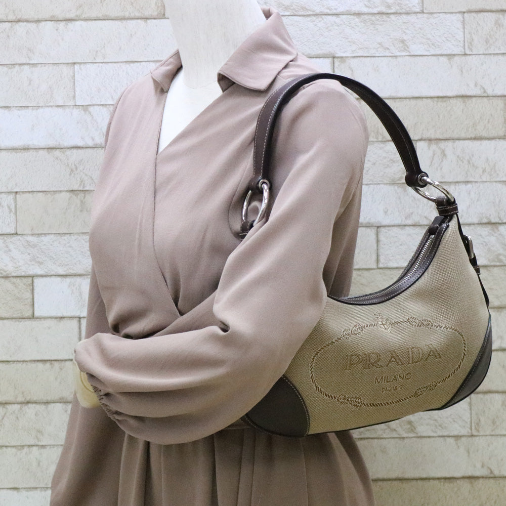 中古】 プラダ PRADA ショルダーバッグ キャンバス ベージュ ベージュ  