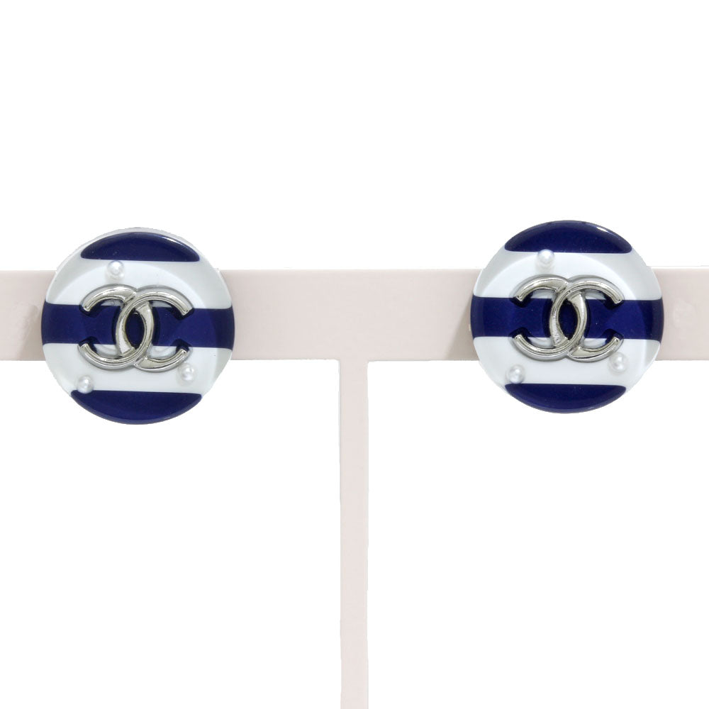 中古】 シャネル CHANEL ピアス ココマーク ボーダー メタル ホワイト 