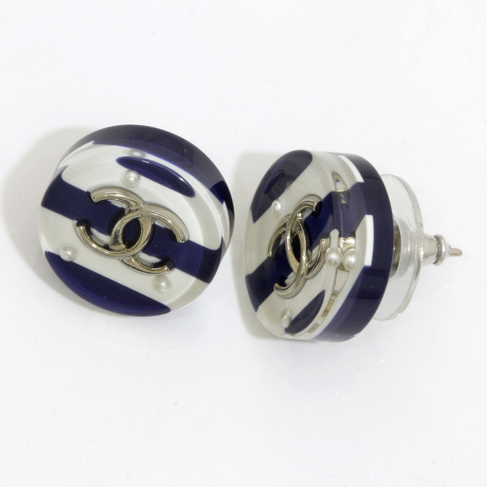 中古】 シャネル CHANEL ピアス ココマーク ボーダー メタル ホワイト 