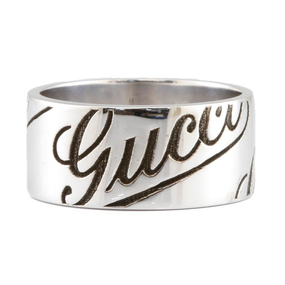 【中古】 グッチ GUCCI K18WG リング 指輪 幅広 ロゴ ワイド アイコン プリント #15 18金 K18ホワイトゴールド シルバー  レディース【BJ】【BIM】