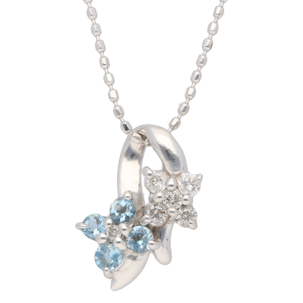 【美品】組曲　K18WG ネックレス アクアマリン&ダイヤモンド 中古】 K18WG ネックレス アクアマリン ダイヤモンド フラワー 花 18金