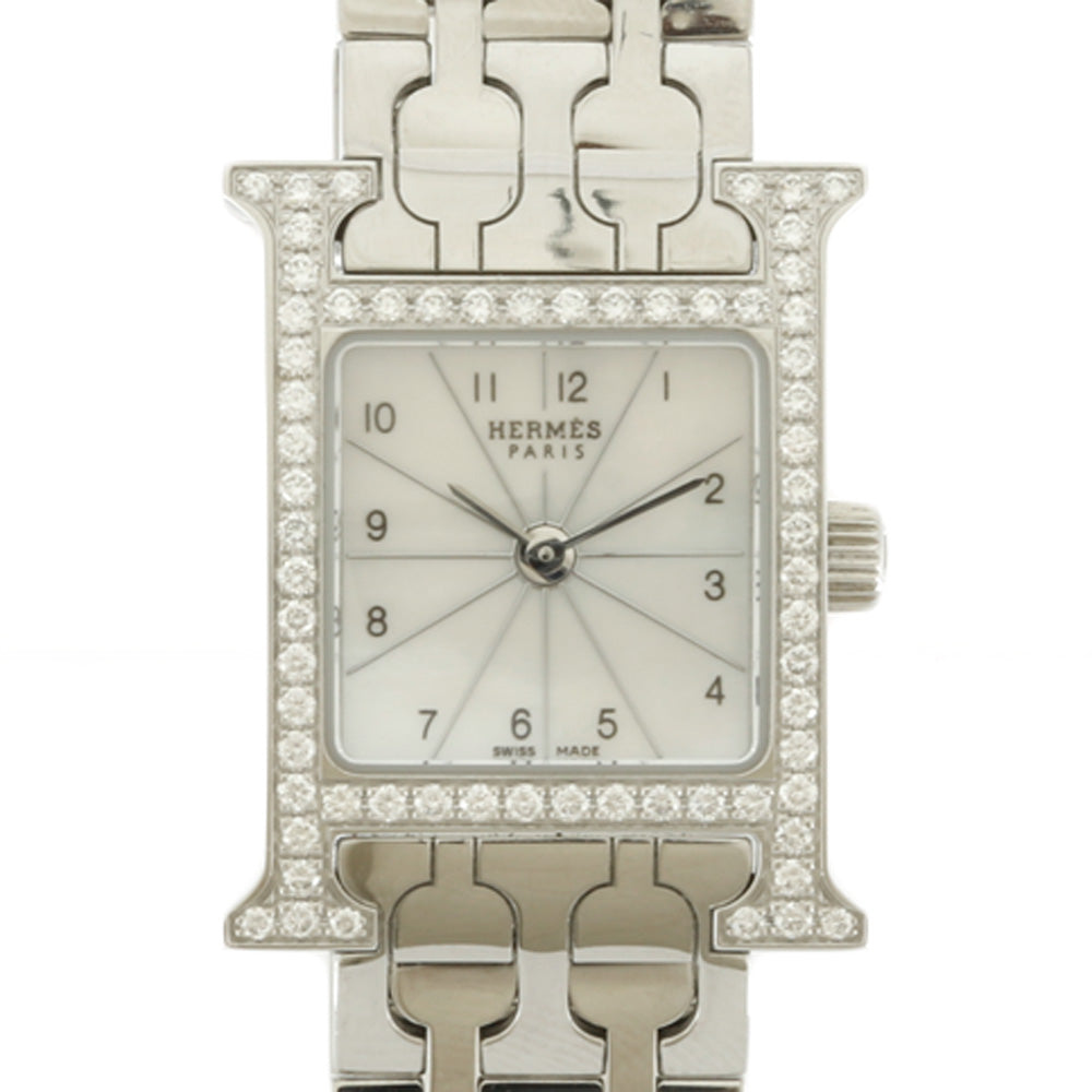中古】 エルメス HERMES SS 腕時計 ベゼルダイヤ ホワイトシェル H