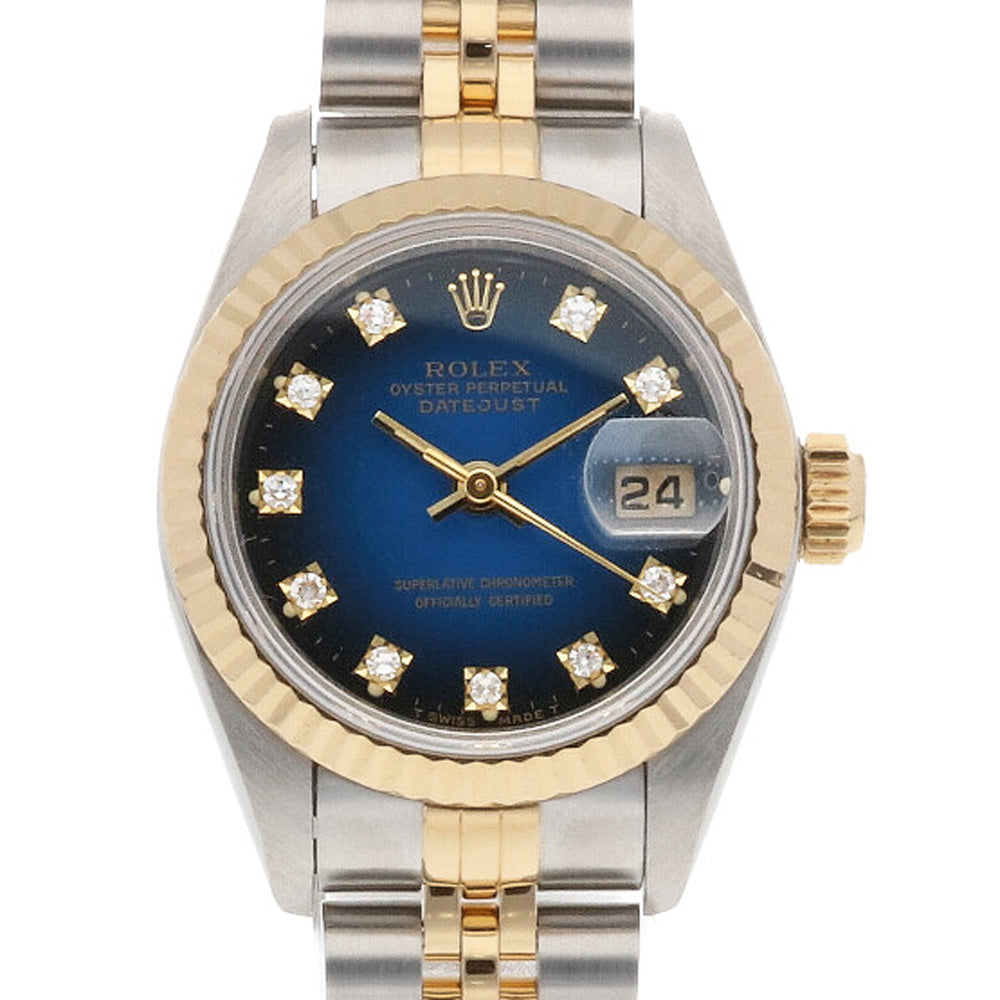 【中古】 ロレックス ROLEX SS K18YG 腕時計 X番 1991年式 10Pダイヤ ブルーグラデーション オイスターパーペチュアル  デイトジャスト ステンレススチール K18イエローゴールド 69173G シルバー ゴールド ブルー レディース【SH】【BIM】