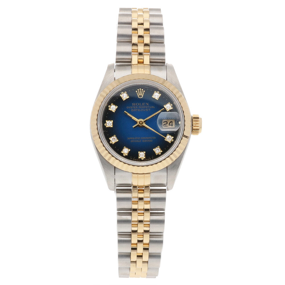 【中古】 ロレックス ROLEX SS K18YG 腕時計 X番 1991年式 10Pダイヤ ブルーグラデーション オイスターパーペチュアル  デイトジャスト ステンレススチール K18イエローゴールド 69173G シルバー ゴールド ブルー レディース【SH】【BIM】