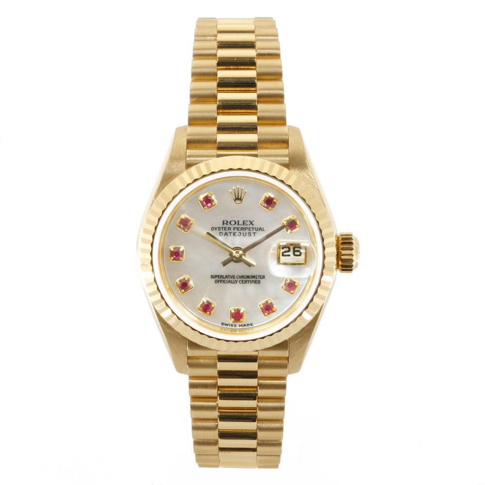 【中古】 ロレックス ROLEX K18YG 腕時計 K番 2001年式 10Pルビー シェル オイスターパーペチュアル デイトジャスト 18金  K18イエローゴールド 79178NGR ゴールド ホワイト レディース【SH】【BIM】