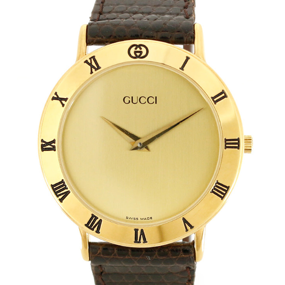 【中古】 グッチ GUCCI GP 腕時計 ローマ数字 GP レザー 3000.2M ゴールド ブラウン メンズ【SH】【BIM】