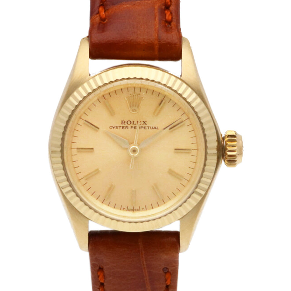 【中古】 ロレックス ROLEX K14YG 腕時計 10番 1964年式 オイスターパーペチュアル 14金 K14イエローゴールド レザー 6619  ゴールド ブラウン レディース【SH】【BIM】